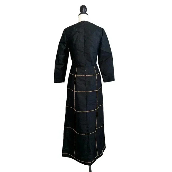 Vintage 1960s Black Gold Beaded Maxi Gown Dress Rhinestone Crystal Textured XS S - Picture 3 of 12